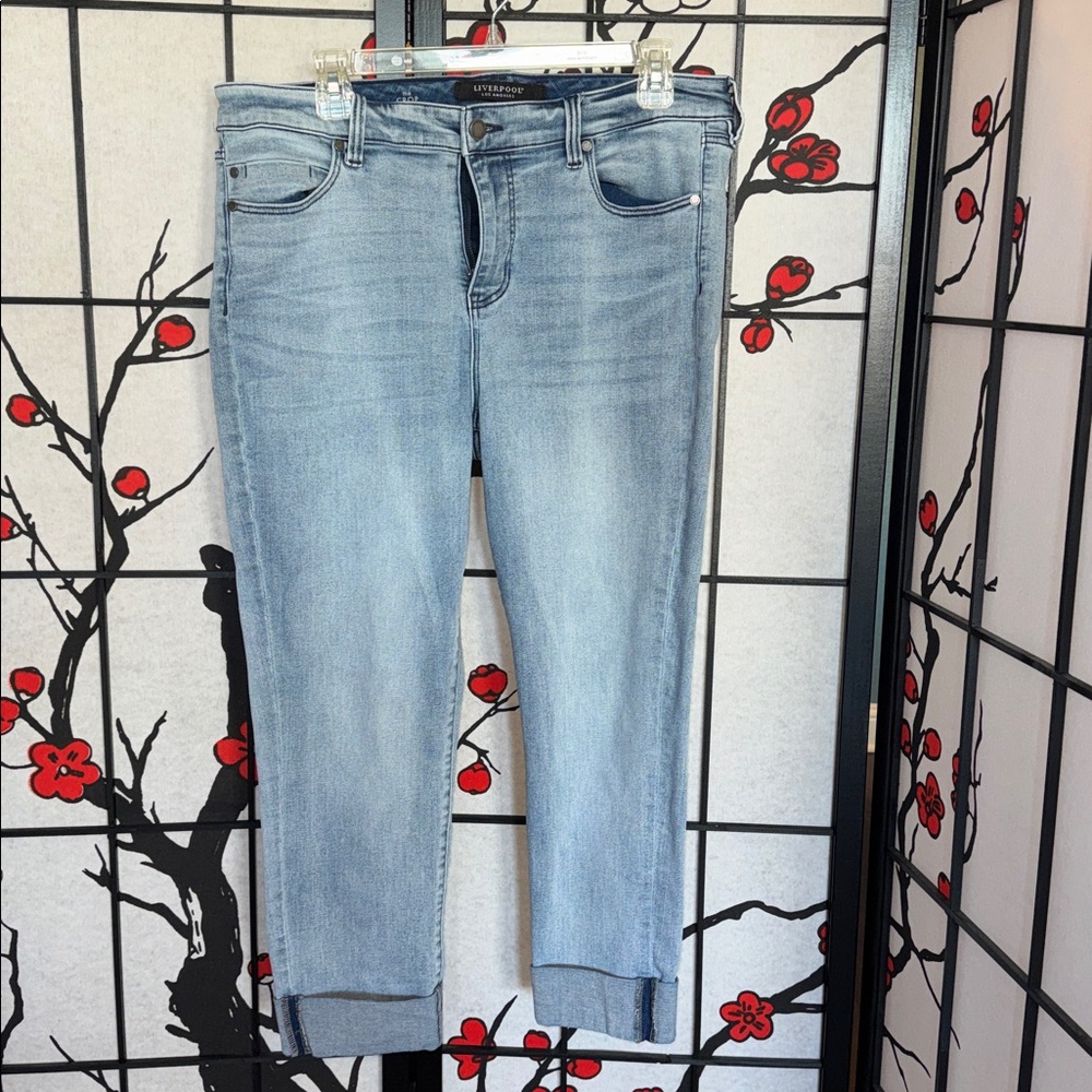 Liverpool Crop 14 Sky Blue Denim Crop Cuffed Stretch Jeans